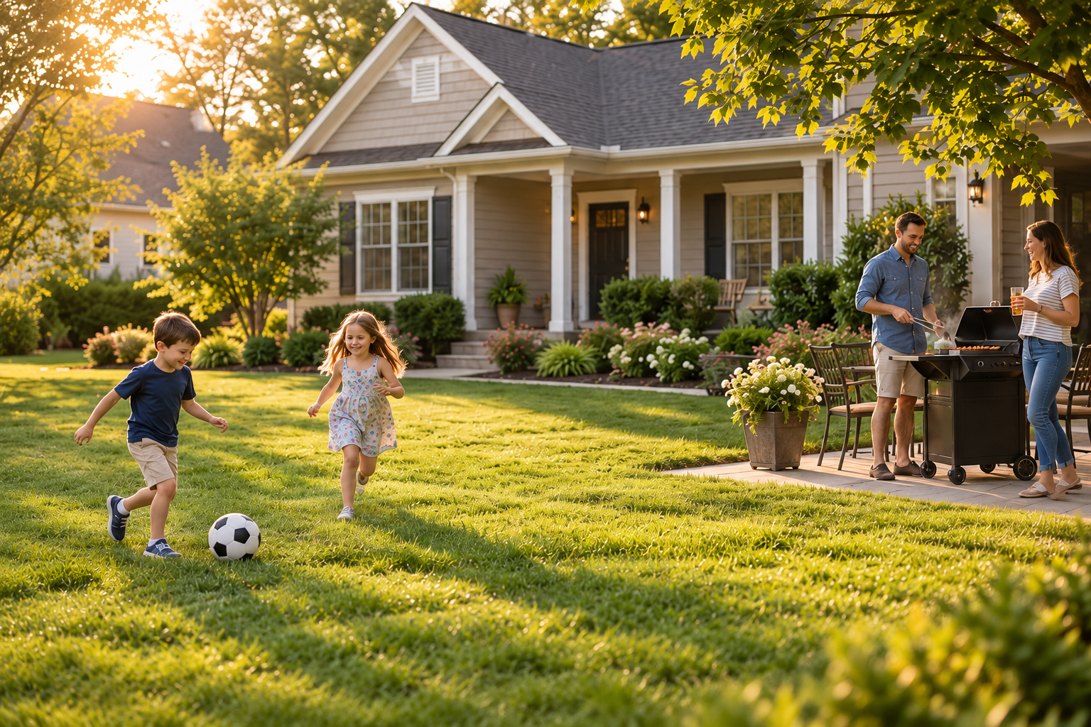 A family enjoying a sunny afternoon, with children playing on the lawn and parents barbecuing beside their home.
